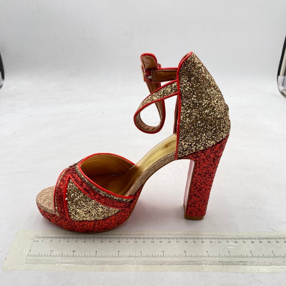 FSJ Red Glitter High Heeled Sandals Peep Toe Sexy Summer Ankle Strap Shoes